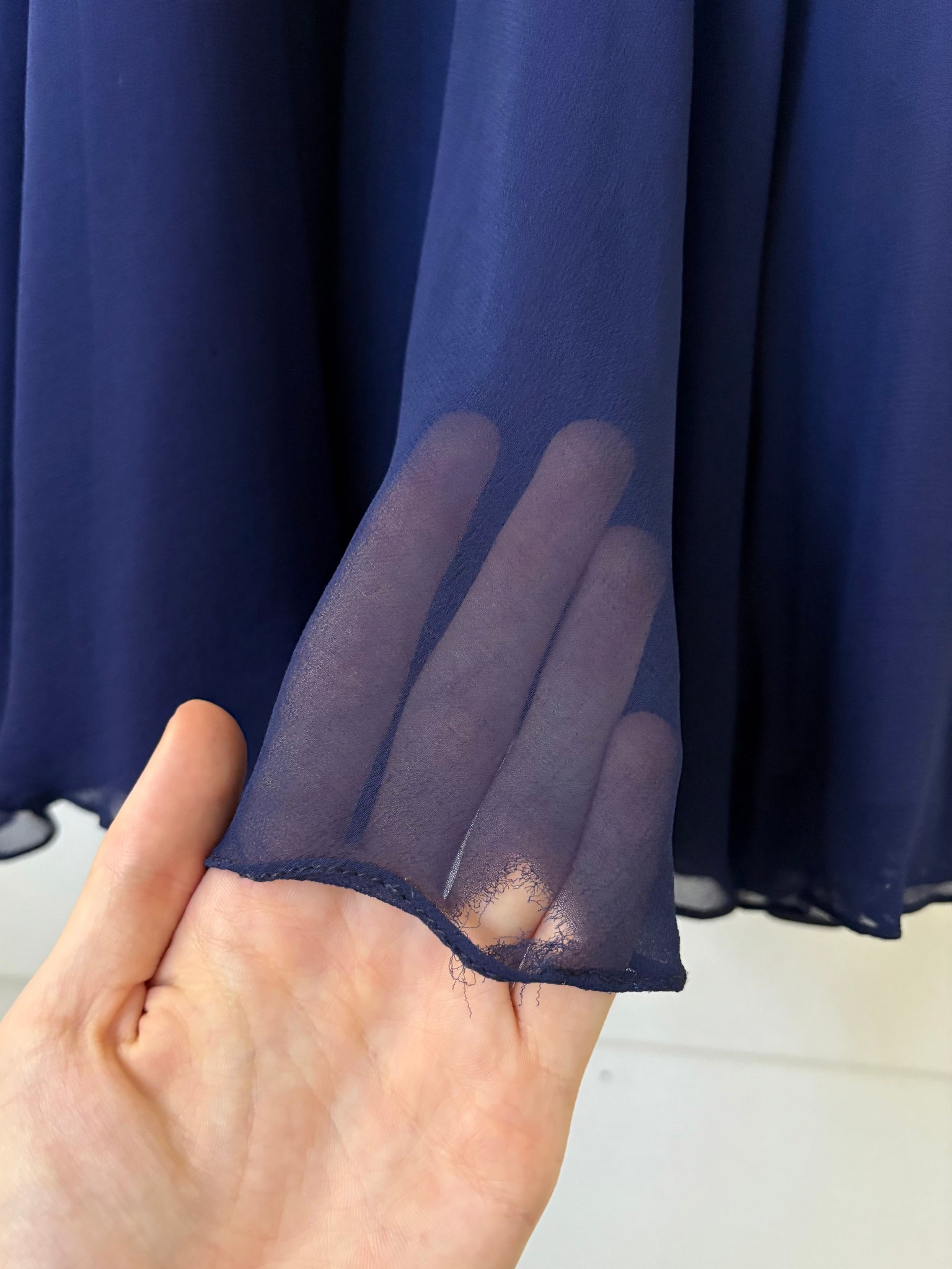 1980s Navy Blue Silk Chiffon Ruffle Cascade Dress Long Gown