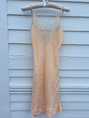 1940s Peach Brocade Silk Cream Net Floral Appliqué Bias Cut Slip Midi Dress