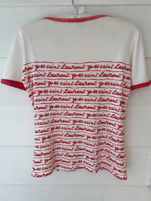 1980s Yves Saint Laurent Script Red White Ringer Tee T Shirt Short Sleeve