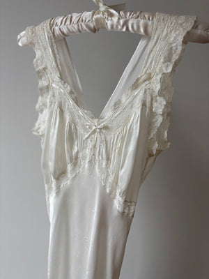 1940s Rayon Satin White Bias Cut Slip Dress Lace Wedding Gown