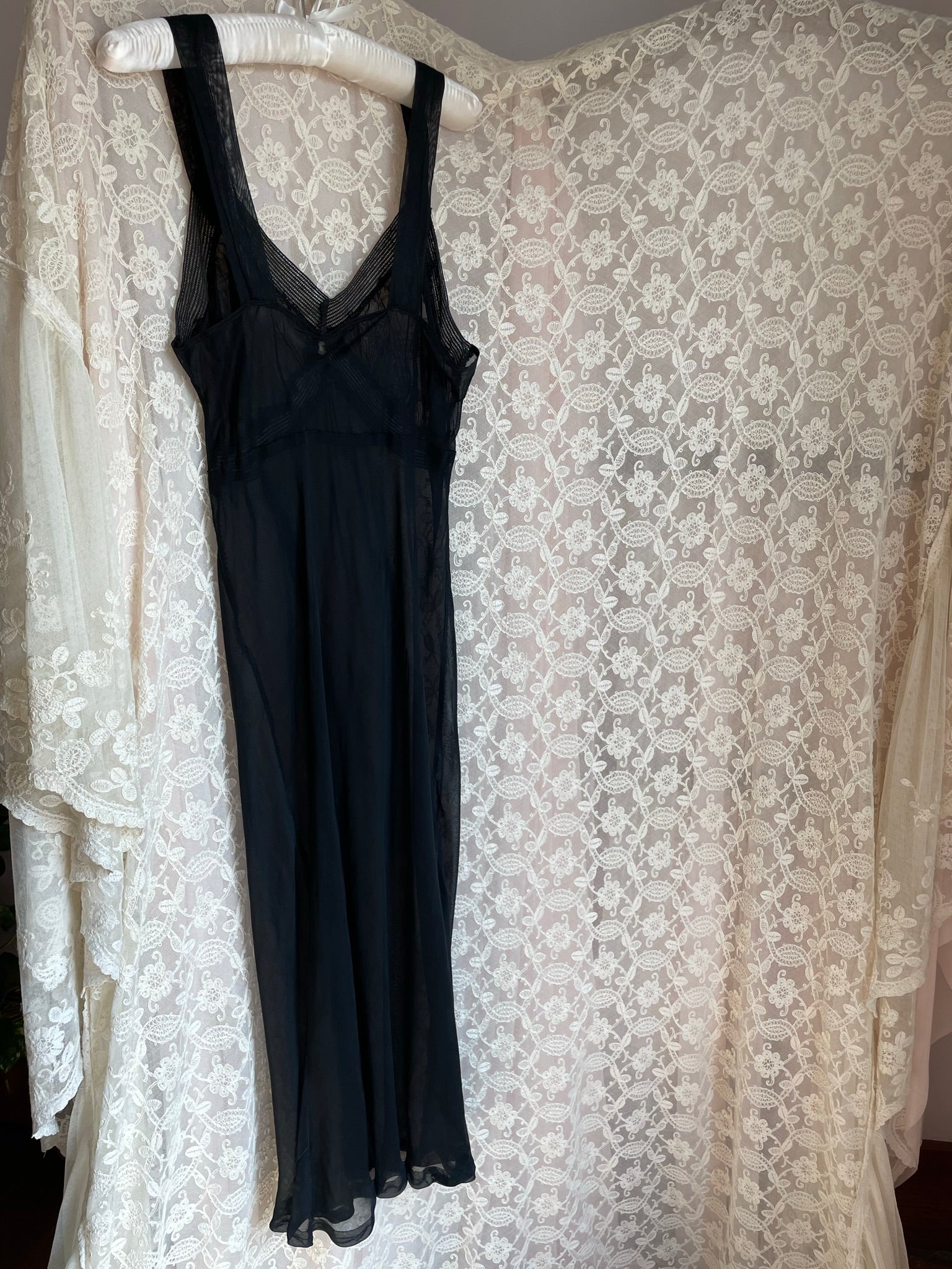 1940s Black Sheer Bias Cut Slip Rayon Dress