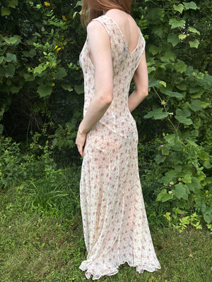 1990s Silk Chiffon Floral Cream Cowl Neck Bias Cut Slip Dress