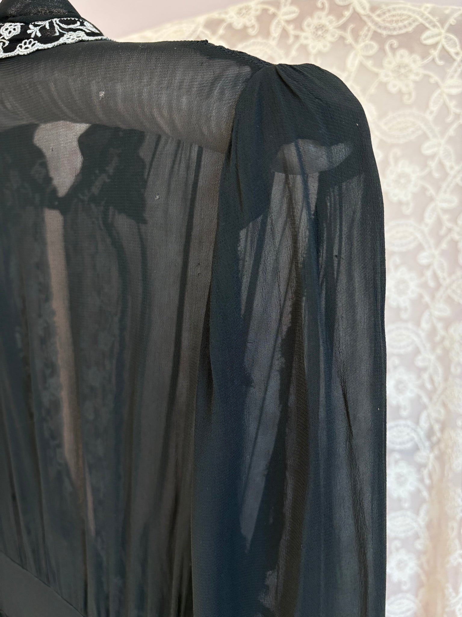 1940s Black Bias Cut Slip Rayon Sheer Mesh Lace Trim Dress Peignoir Robe Set