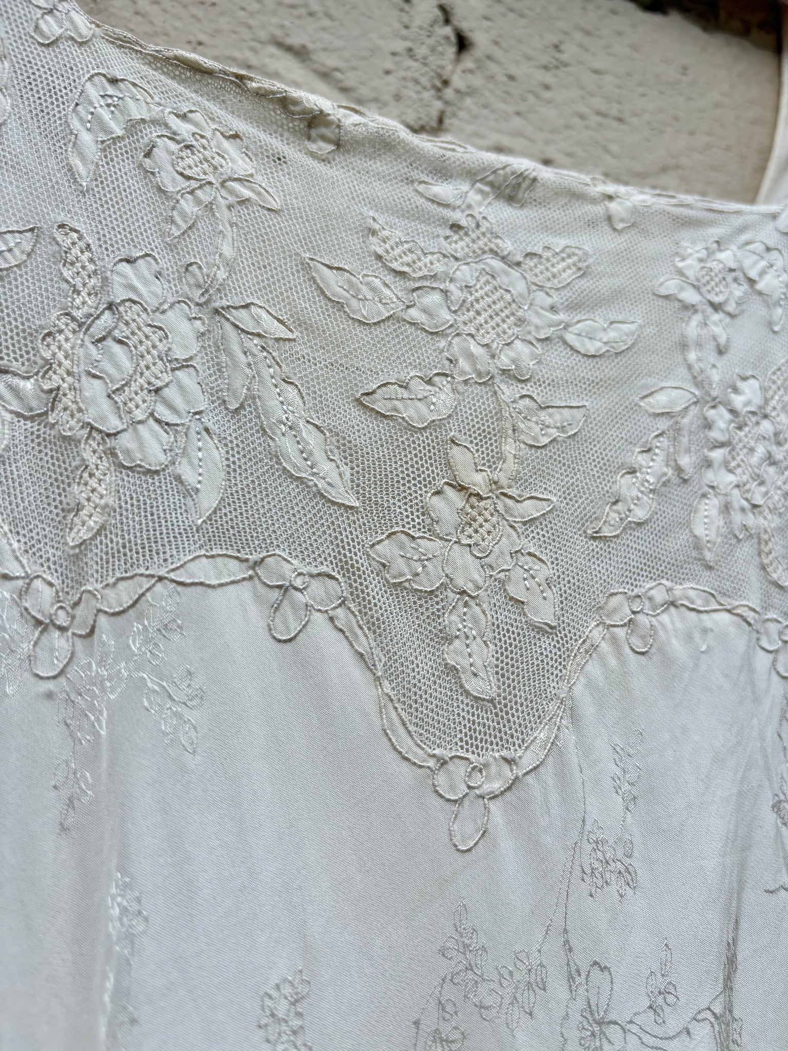 1940s Silk Brocade White Bias Cut Slip Dress Net Mesh Appliqué Lace Wedding Gown Open Sleeves
