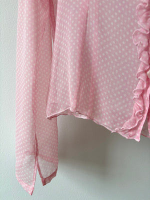 1990s Silk Chiffon Dot Print Button Up Blouse Pink White