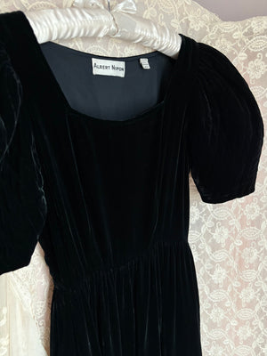 1980s Black Velvet Dress Puff Sleeve Albert Nipon