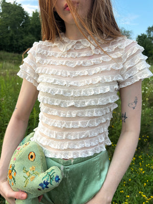 1930s White Mesh Ruffle Tiered Blouse Collared Short Sleeve