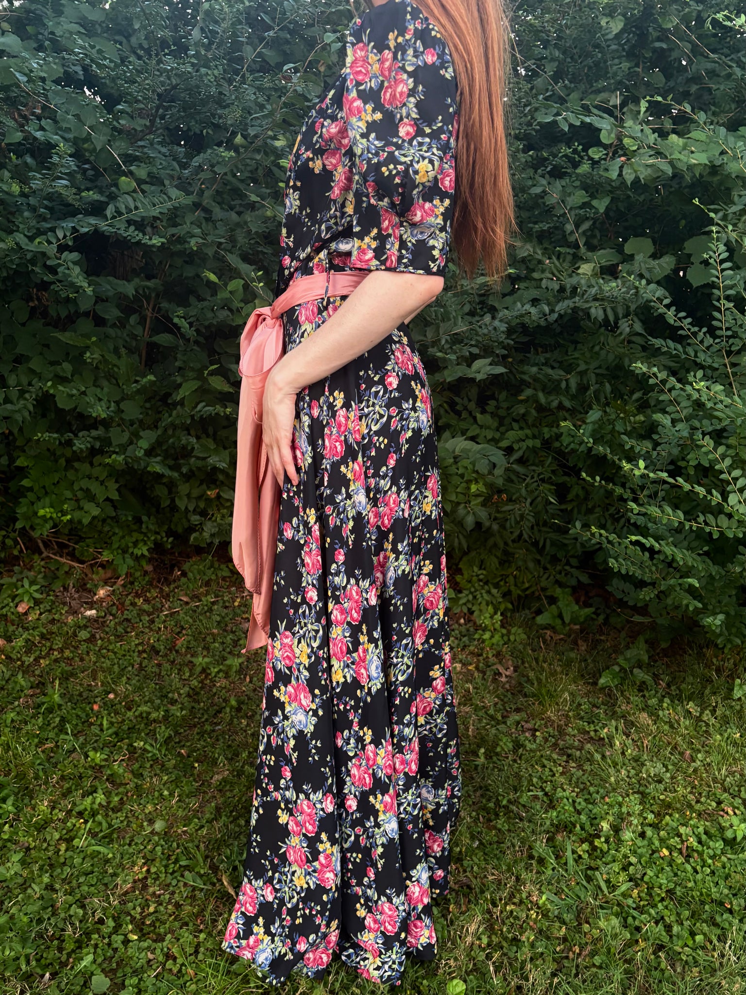 1940s Black Rose Floral Wrap Dress Printed Rayon Puff Sleeve