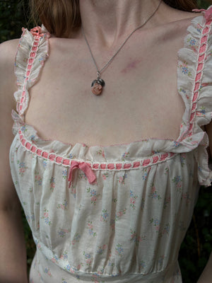 1930s White Cotton Floral Bias Cut Slip Dress Peignoir Set Puff Sleeves Pink Ribbon Rose Floral