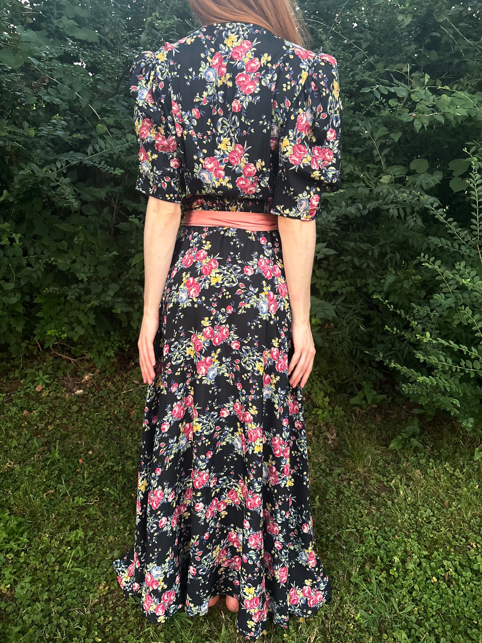 1940s Black Rose Floral Wrap Dress Printed Rayon Puff Sleeve
