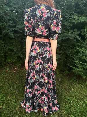 1940s Black Rose Floral Wrap Dress Printed Rayon Puff Sleeve