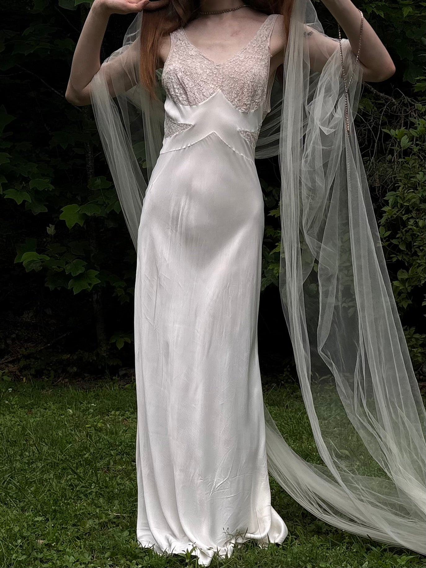 1940s Rayon White Lace Bodice Bias Cut Slip Dress Lace