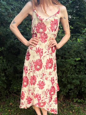 1990s Silk Floral Cream Cowl Neck Dress
