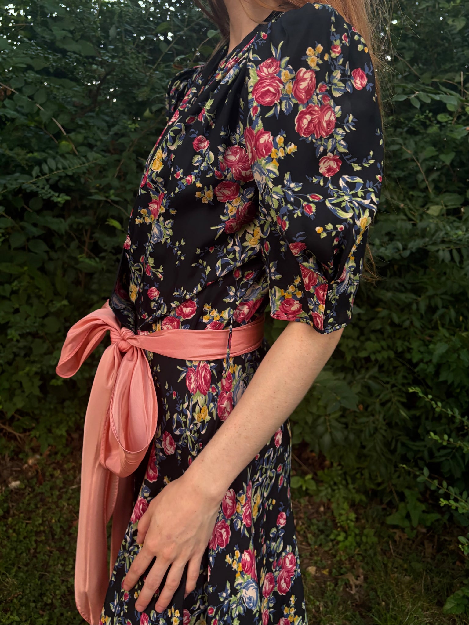 1940s Black Rose Floral Wrap Dress Printed Rayon Puff Sleeve