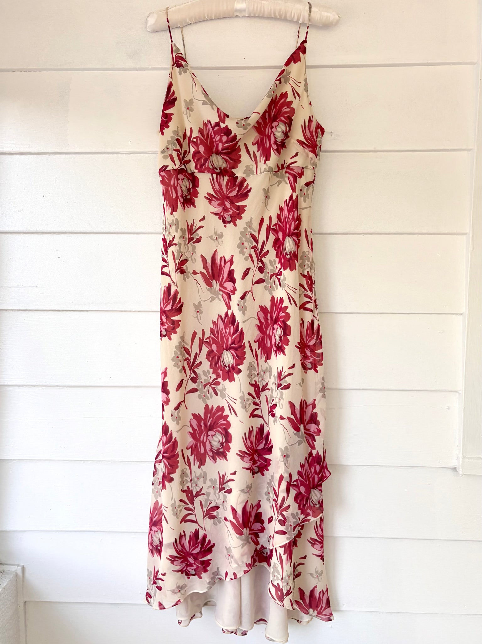 1990s Silk Floral Cream Cowl Neck Dress