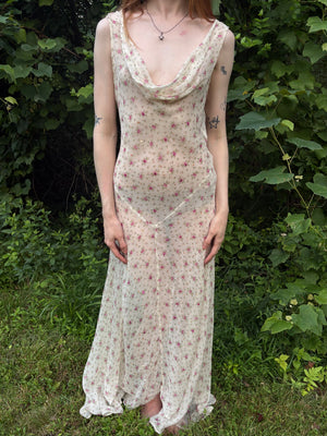 1990s Silk Chiffon Floral Cream Cowl Neck Bias Cut Slip Dress