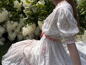 1930s White Cotton Floral Bias Cut Slip Dress Peignoir Set Puff Sleeves Pink Ribbon Rose Floral