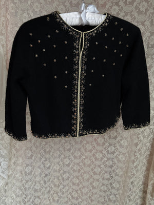 1950s Black Beaded Gold Cardigan Knit Sweater