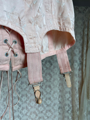 1940s Pale Pink Brocade Floral Rayon Corset