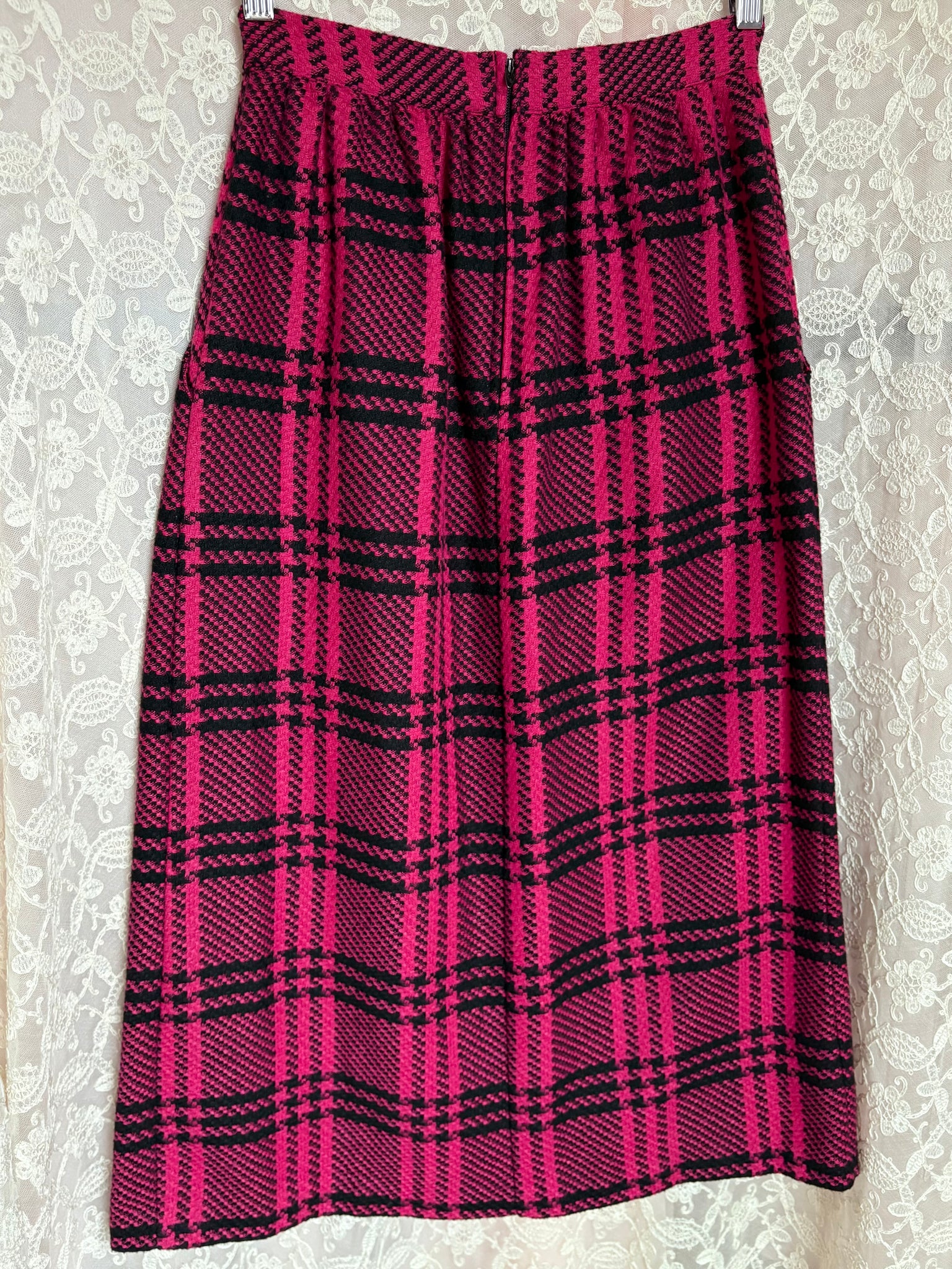 1980s Hot Pink Black Wool Plaid Midi Skirt
