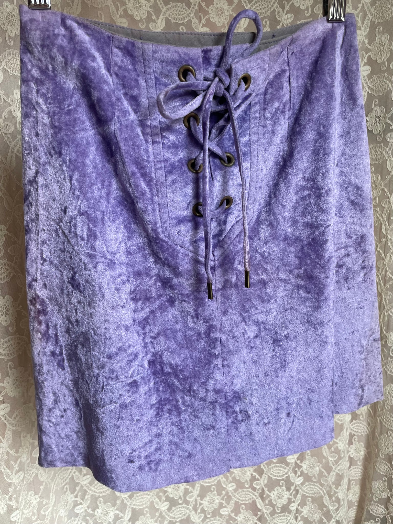 1970s Purple Velvet Lace Up A Line Mini Skirt