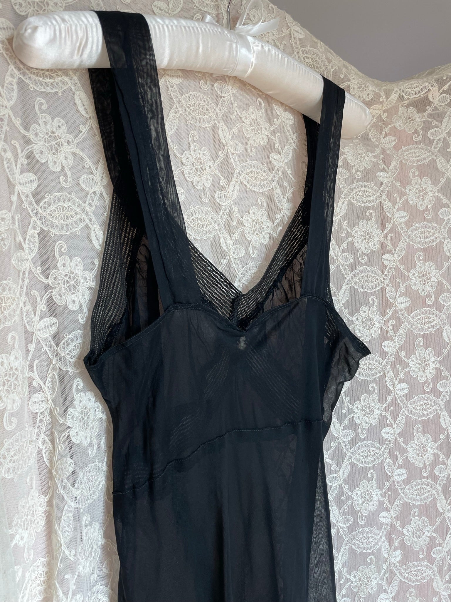 1940s Black Sheer Bias Cut Slip Rayon Dress