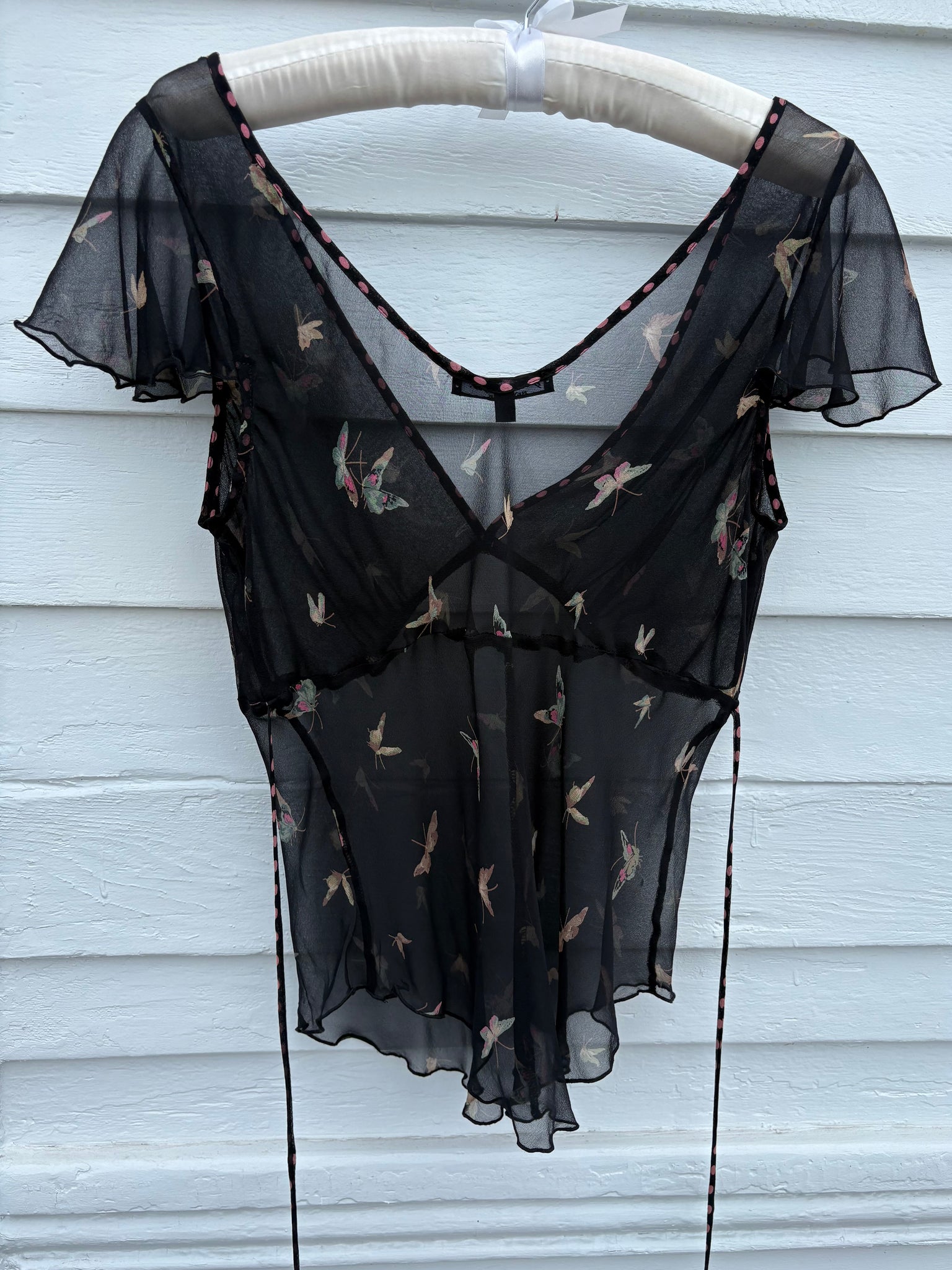 1990s Betsey Johnson Black Silk Chiffon Butterfly Print Blouse