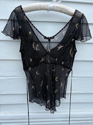 1990s Betsey Johnson Black Silk Chiffon Butterfly Print Blouse