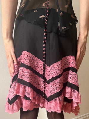 1990s Betsey Johnson Silk Black Mini Skirt Lace Ruffle