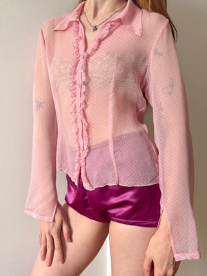 1990s Silk Chiffon Dot Print Button Up Blouse Pink White