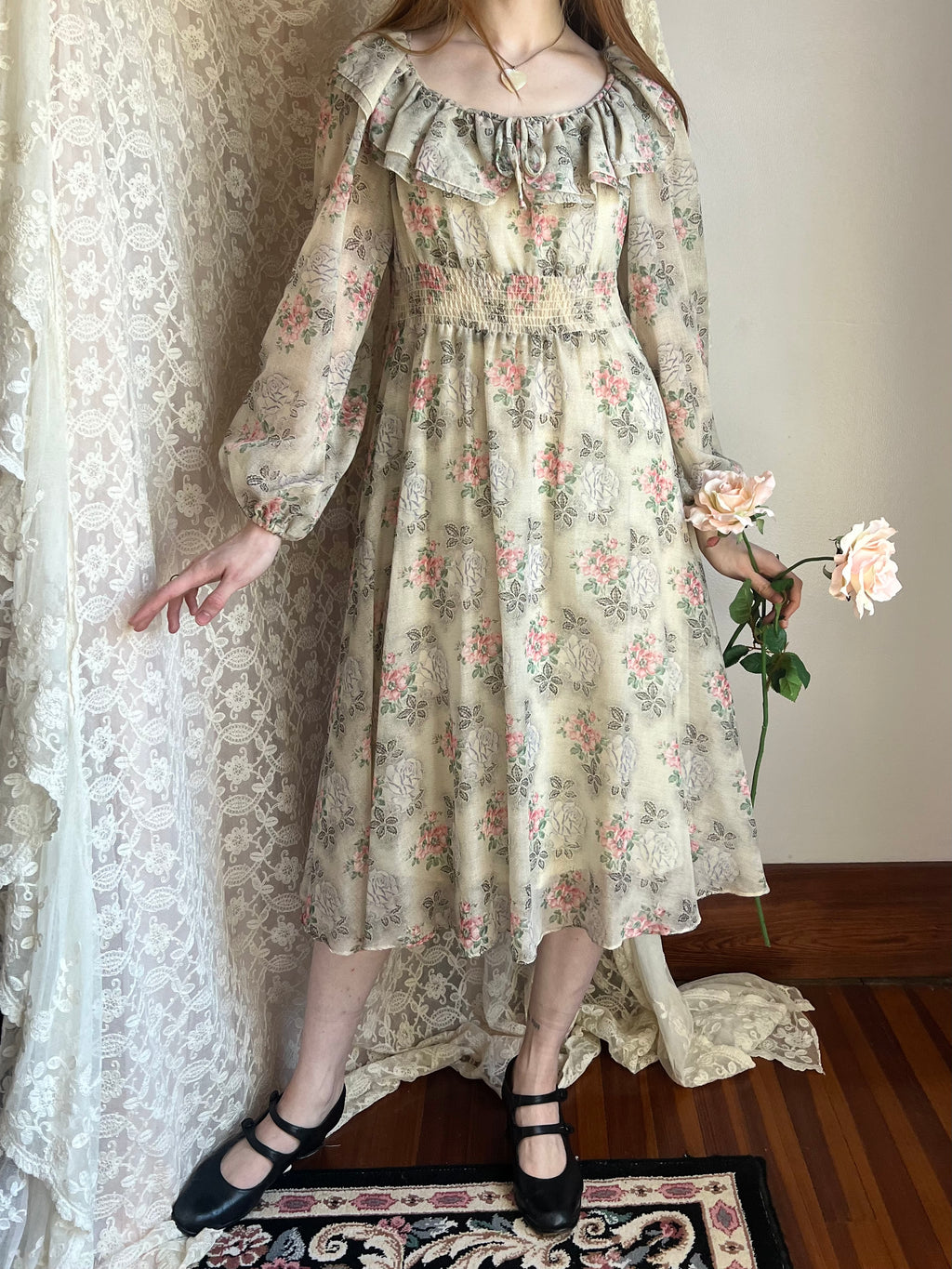 1970s Rose Floral Print Dress Cotton Gauze Jonathan Logan
