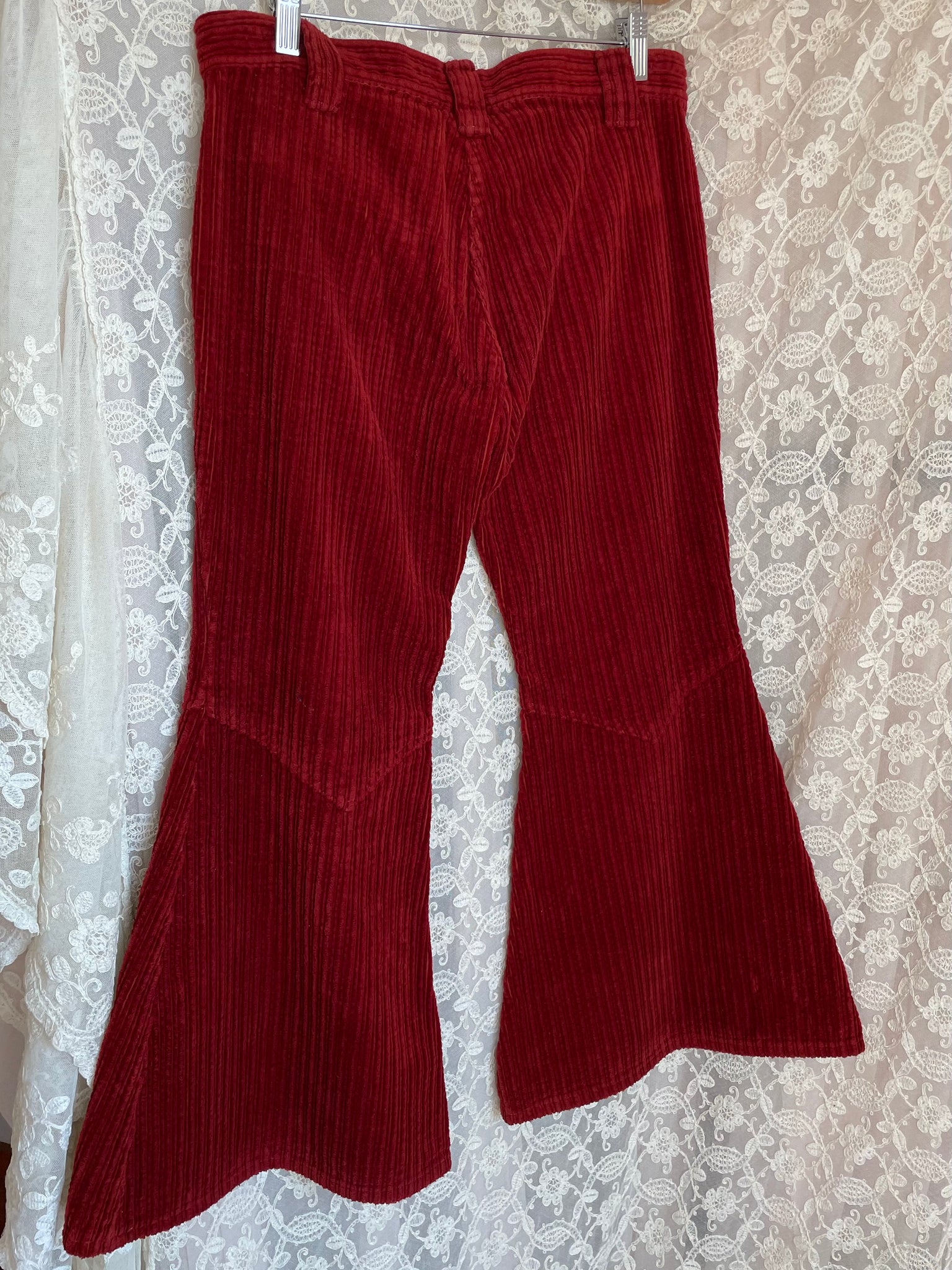 1970s Dark Red Corduroy Pants Wide Leg Bell Bottom