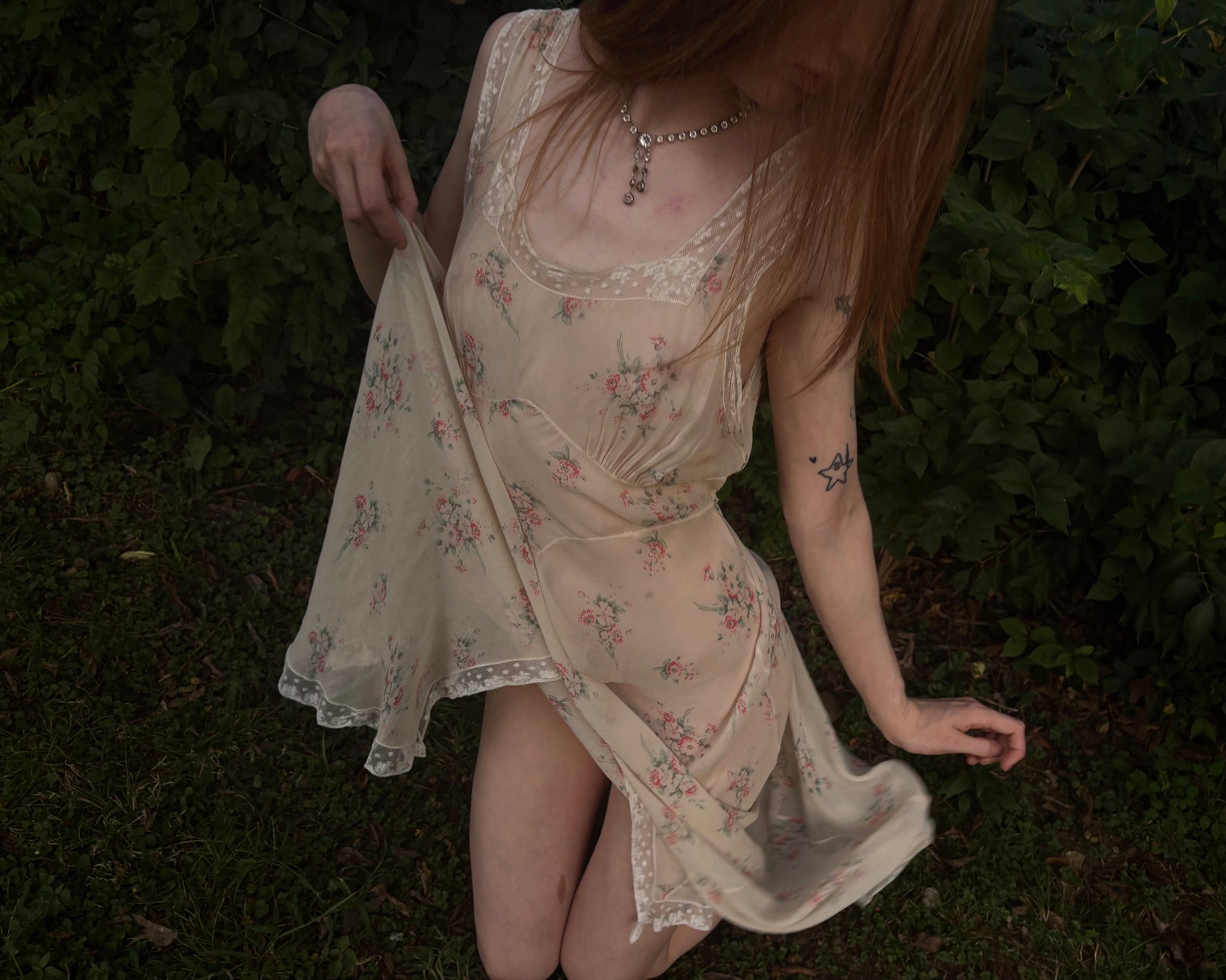 1930s Silk Chiffon Floral Print Cream Lace Bias Cut Slip Dress