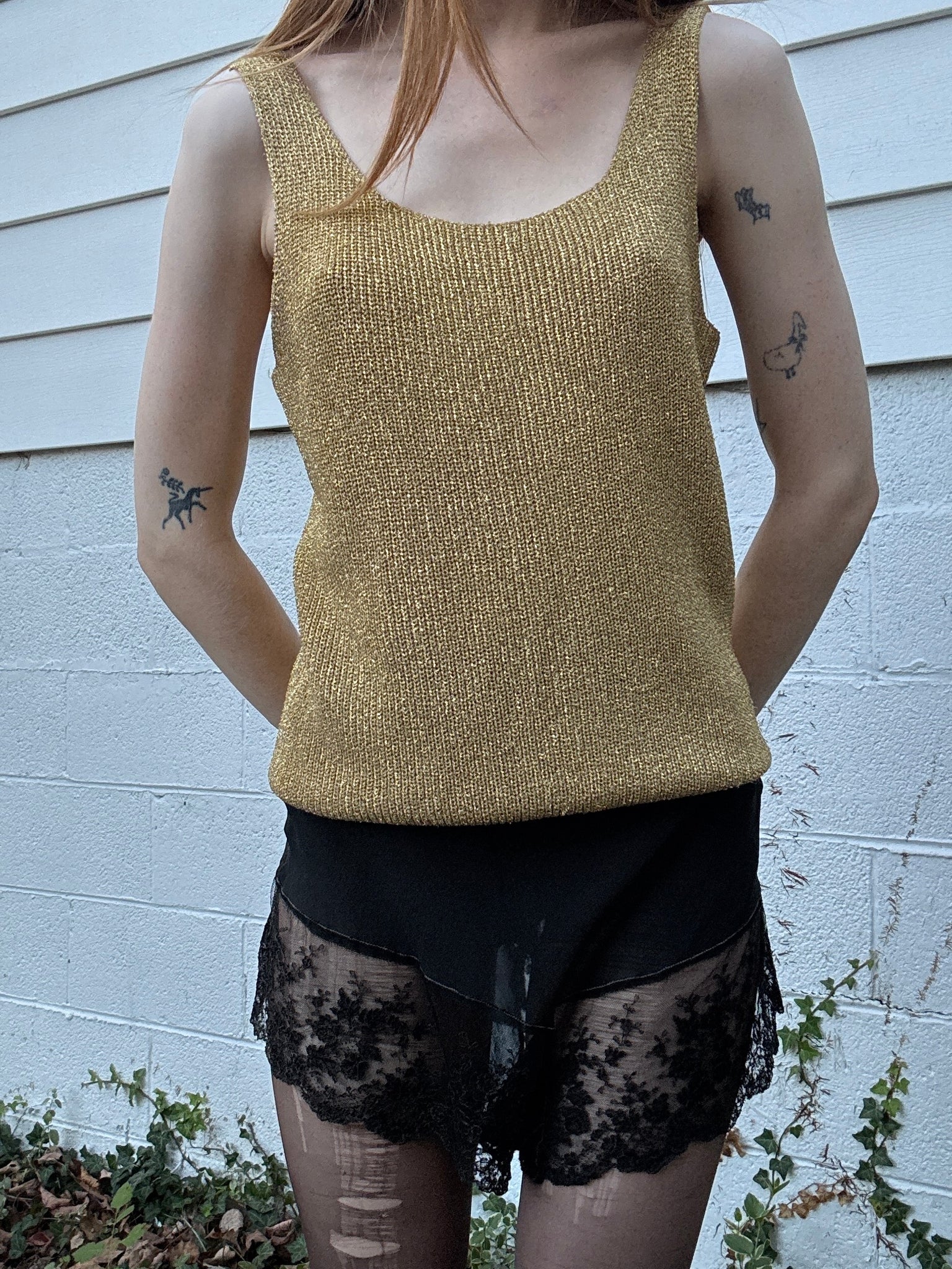 1980s Gold Glitter Sparkle Lurex Knit Sweater Tank Top