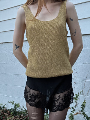1980s Gold Glitter Sparkle Lurex Knit Sweater Tank Top