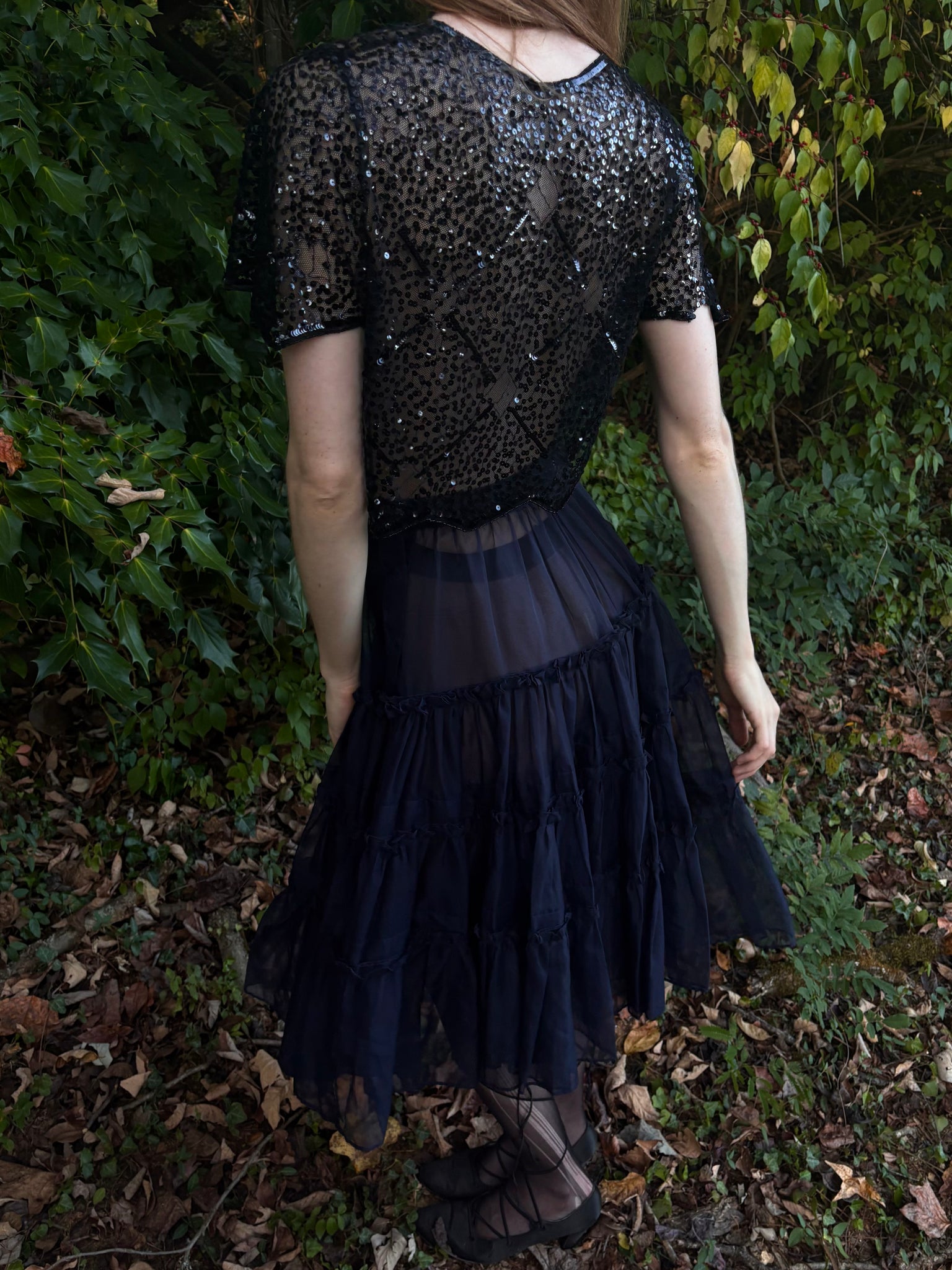 1930s Black Navy Sequin Sheer Mesh Blouse Bolero Short Sleeve