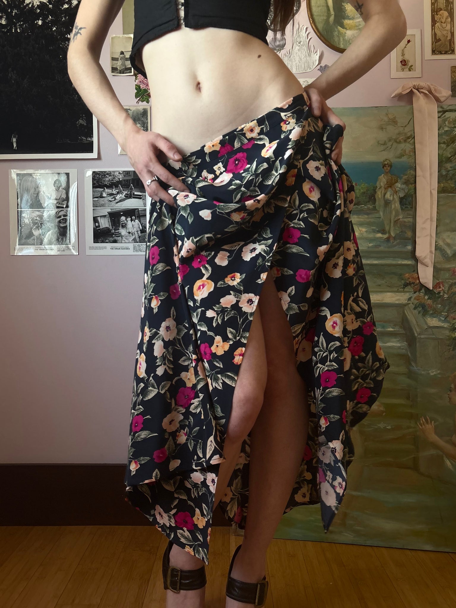 1990s Silk Floral Printed Wrap Midi Skirt Black Pink White