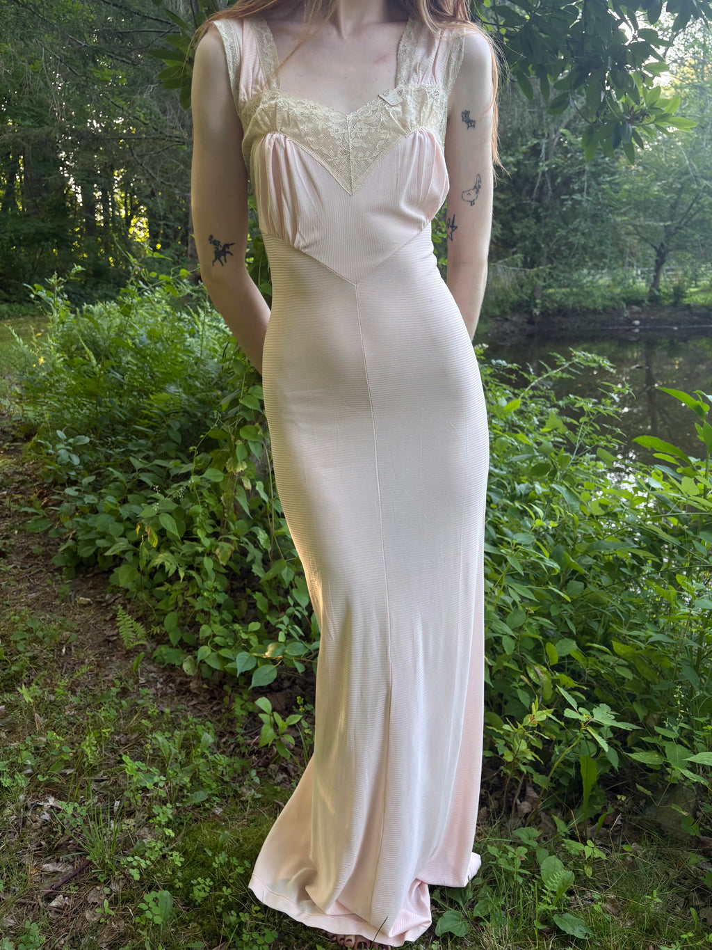 1940s Light Pink Rayon Jersey Bias Cut Slip Dress Cream Lace