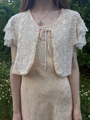 1930s Tambour Lace Bolero Leaf Embroidery Cream Peach Trim Ruffle Sleeve Tie Front Bed Jacket