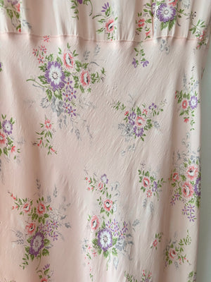 1940s Pink Rose Print Floral Bias Cut Slip Rayon Dress Short Sleeve Button