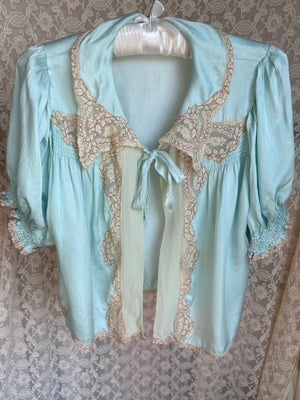 1930s Aqua Blue Silk Bed Jacket Embroidered Puff Sleeves