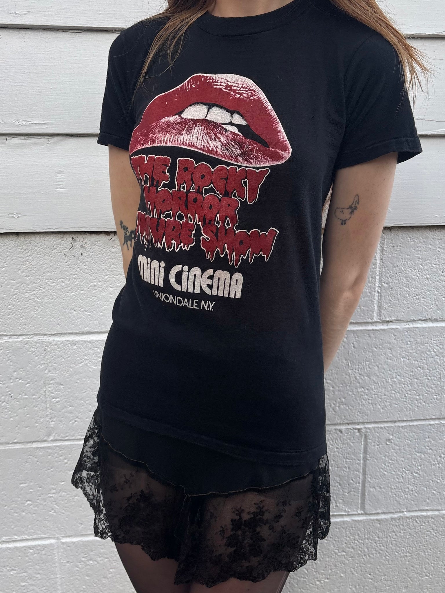 1980s Rocky Horror Red Lips Black Tee T Shirt Short Sleeve