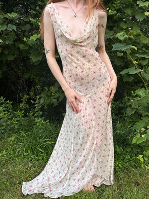 1990s Silk Chiffon Floral Cream Cowl Neck Bias Cut Slip Dress