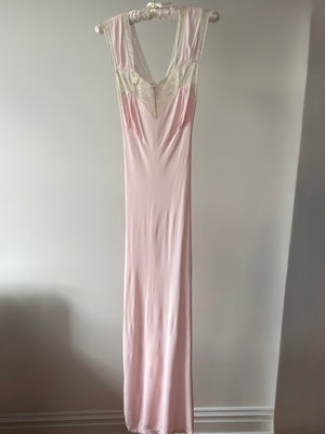 1940s Light Pink Rayon Jersey Bias Cut Slip Dress Cream Lace
