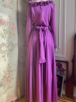 1970s Purple Victor Costa Ruffle Drape Long Sleeve Maxi Dress