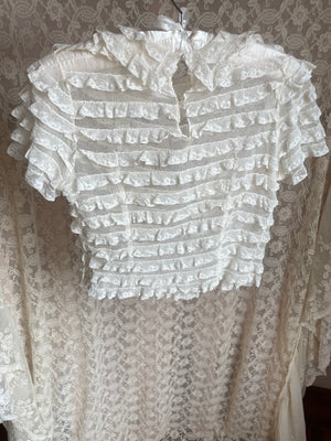 1930s White Mesh Ruffle Tiered Blouse Collared Short Sleeve