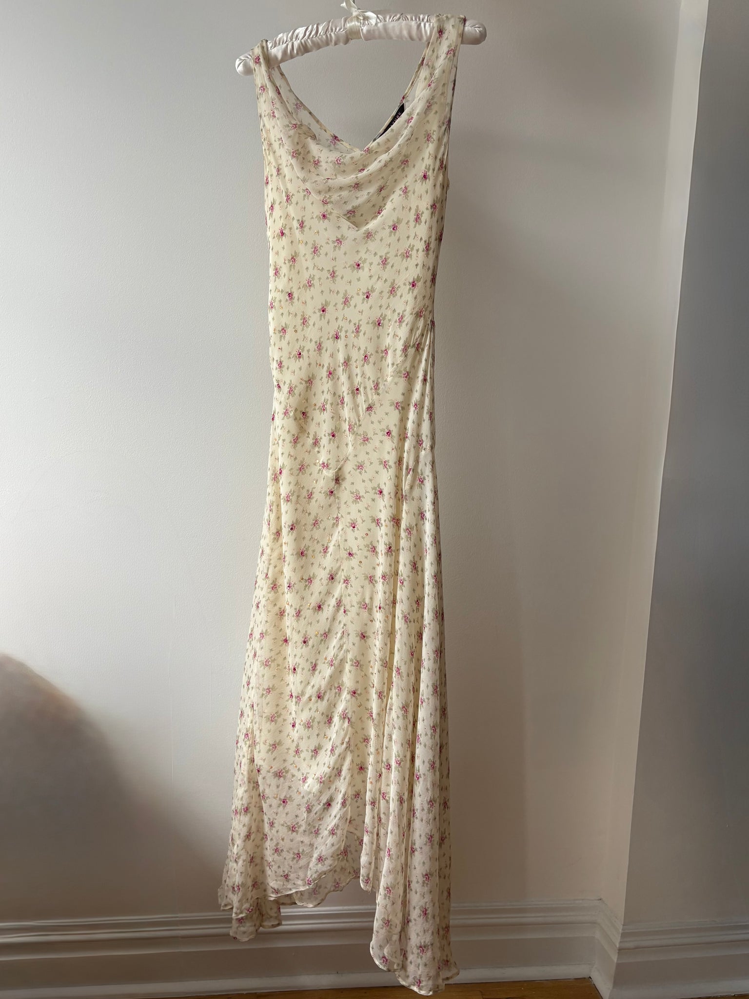 1990s Silk Chiffon Floral Cream Cowl Neck Bias Cut Slip Dress