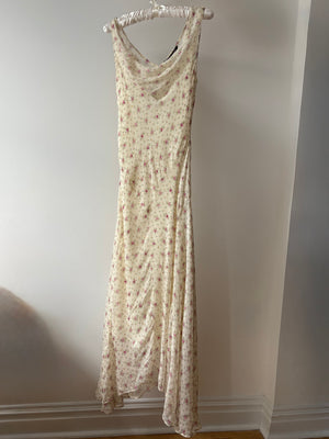 1990s Silk Chiffon Floral Cream Cowl Neck Bias Cut Slip Dress