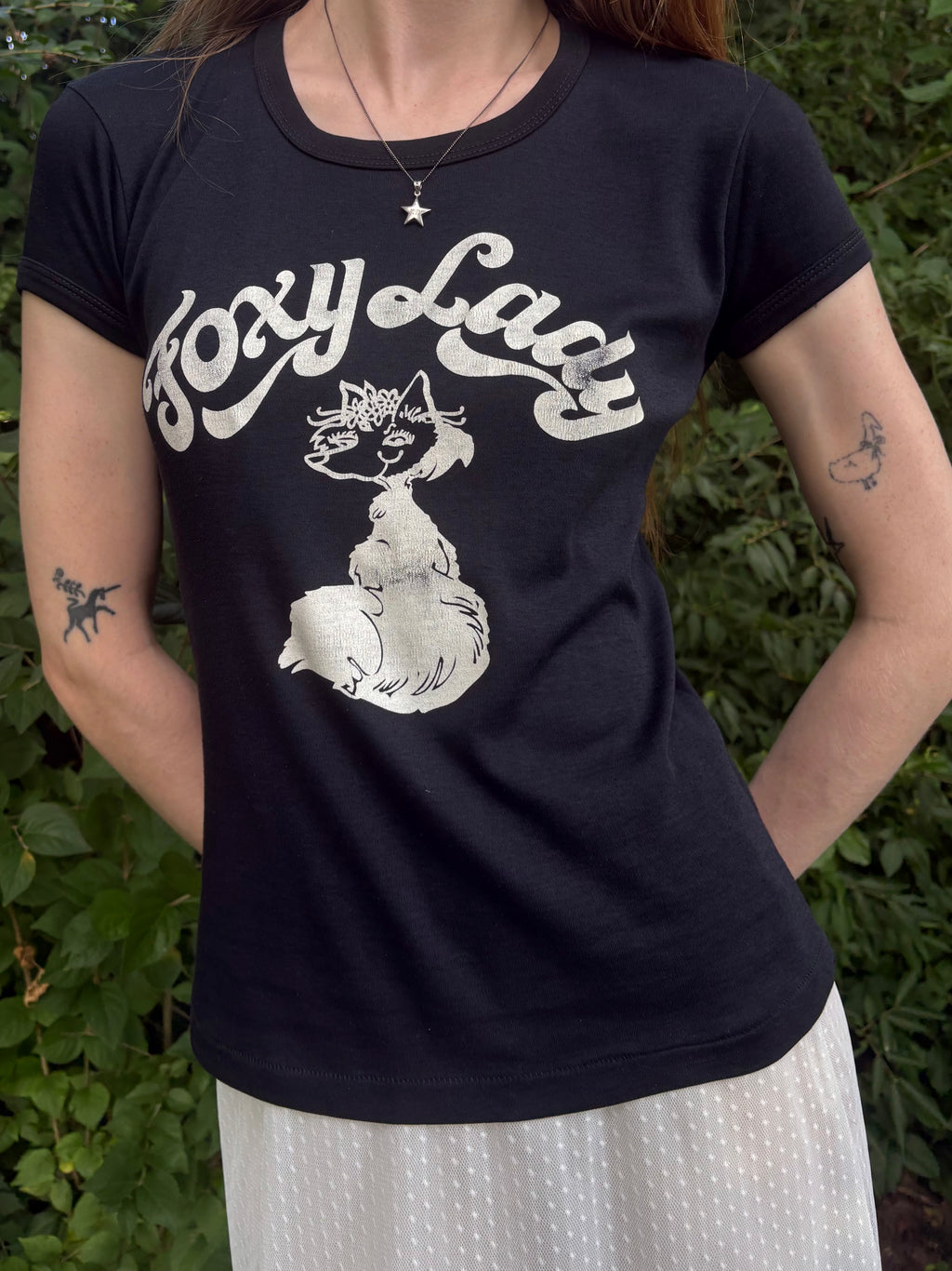 1980s Foxy Lady Black White Tee T Shirt Short Sleeve French Cut Fox Print