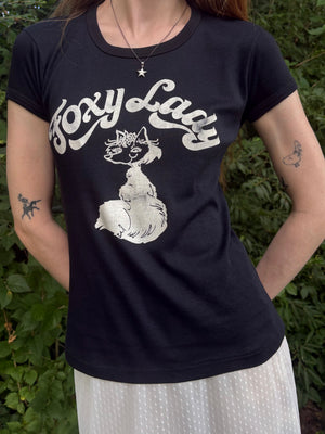 1980s Foxy Lady Black White Tee T Shirt Short Sleeve French Cut Fox Print
